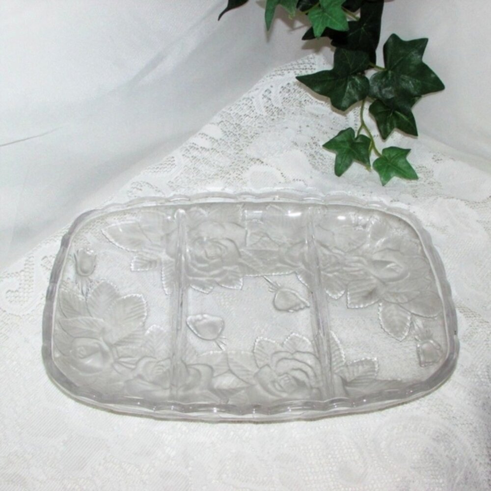 Studio Nova Winter Rose Large Glass Platter Divided Serving Dish Tray Floral